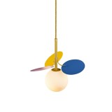 Cumpara ieftin Lustra pe cablu, 1 glob de sticla alba, 3 petale colorate, dulie G9, culoare corp auriu, lungime reglabila 150CM