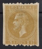 Romania 1872 - Eseu Carol l, 5 bani brun-galben pe galbui,imperforat vertical
