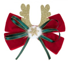Clips păr, Model Fundiță Crăciun, Catifea, Roșu, Cornite Aurii, 12cm