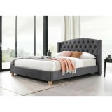 Pat matrimonial KL Ando, tapitat cu catifea, somiera inclusa, tablie inalta, structura lemn masiv, 140x200 cm, gri