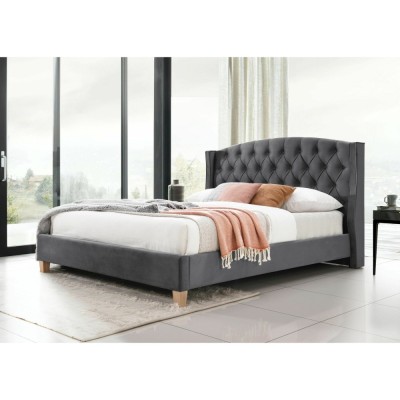 Pat matrimonial KL Ando, tapitat cu catifea, somiera inclusa, tablie inalta, structura lemn masiv, 140x200 cm, gri foto