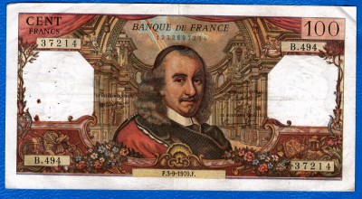 (16) BANCNOTA FRANTA - 100 FRANCS 1970 (03.09.1970), PORTRET PIERRE CORNEILLE foto