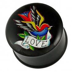 Plug - pasăre colorată, panglică cu LOVE - Diametru piercing: 23,5 mm