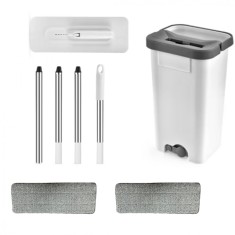 Set mop cu galeata PAA-home&reg;, mop plat din microfibra, cuve separate pentru spalare si uscare, 2 lavete pentru mop incluse, orificiu scurgere apa, cap