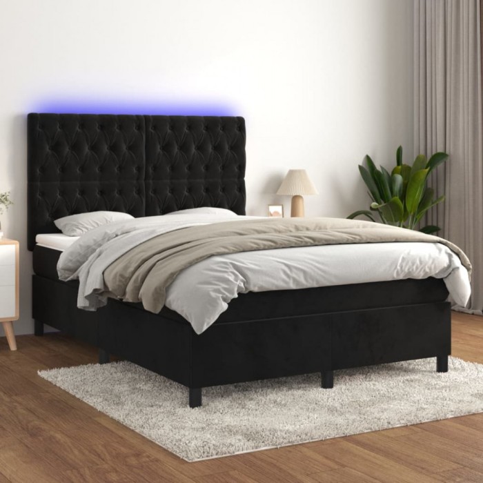 vidaXL Pat cu arcuri, saltea și LED, negru, 140x190 cm, catifea 3136301