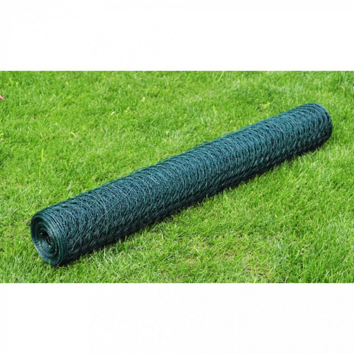 vidaXL Plasă de s&acirc;rmă găini, verde, 25 x 0,5 m, oțel galvanizat cu PVC