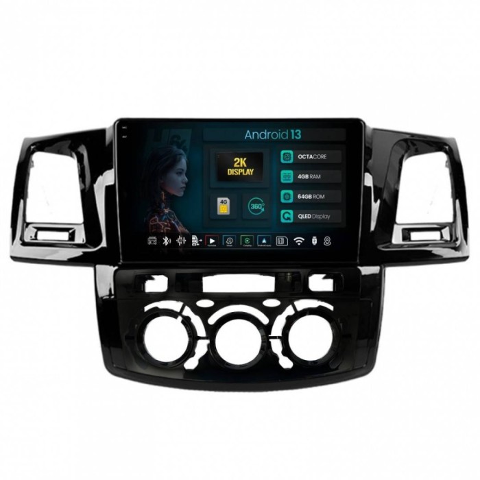 Navigatie 2K Toyota Hilux (2008-2014) Clima Manuala 4GB RAM Android 13 Octacore Slot Sim 4G DSP GPS Wi-FI Carplay Android Auto USB Bluetooth Waze Touc