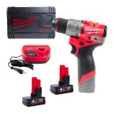 Masina de gaurit insurubat Milwaukee M12FPD2-402X, cu percutie M12 FUELtm subcompacta, 2 x acumulator M12 B4, 1 x incarcator C12 C, 1 x cutie HD