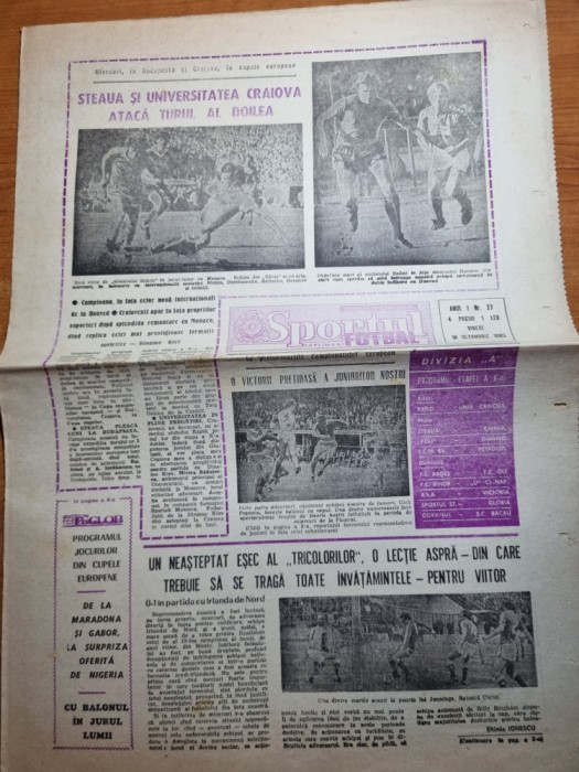 sportul 18 octombrie 1985-steaua si u.craiova in turul al 2-lea cupele europene