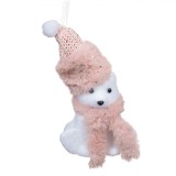 Ornament Brad Crăciun, Ursuleț Alb, Căciulă roz, Fular Roz, 15cm, Spumă, Oem