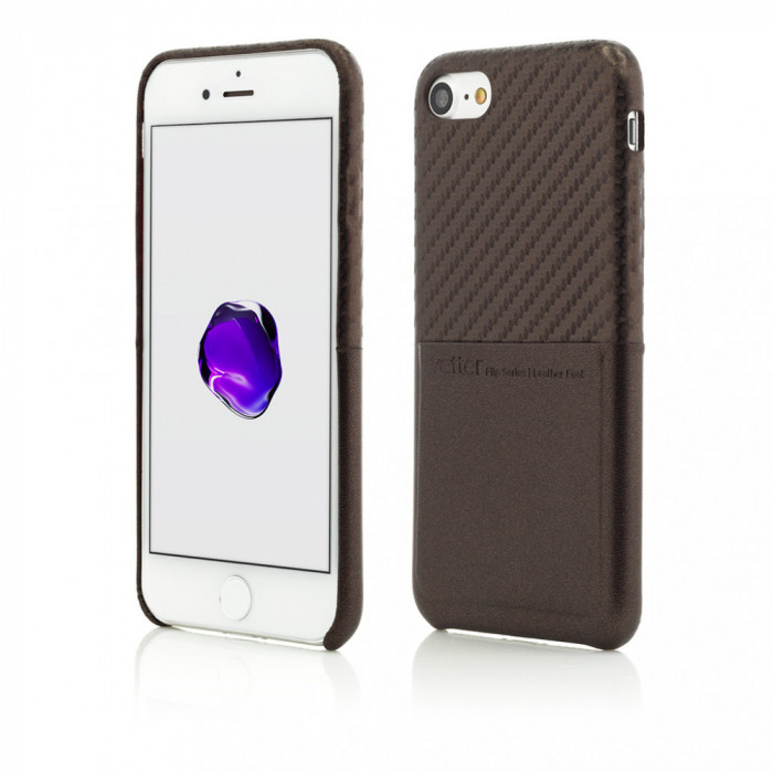 Husa Vetter pentru iPhone SE (2020), 8, 7, Clip-On with Card Port, Carbon Fiber Feel, Coffee