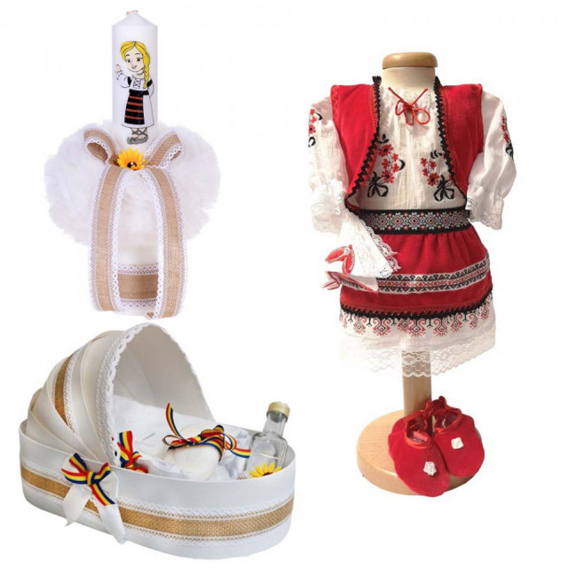 Set botez traditional fetita, trusou botez landou, lumanare si costum