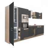 Bucatarie modulara Leziter Yorki 370cm, corp Stejar Sonoma, front antracit, cu frigider si congelator inferior, blat 28mm