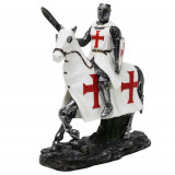 Statueta Cavaler Medieval Templier pe Cal 22 cm, alb cu rosu