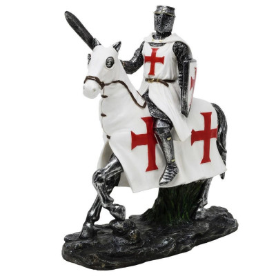 Statueta Cavaler Medieval Templier pe Cal 22 cm, alb cu rosu foto