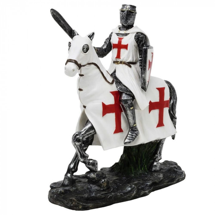 Statueta Cavaler Medieval Templier pe Cal 22 cm, alb cu rosu