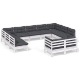 Set mobilier gradina cu perne, 11 piese, alb, lemn masiv de pin