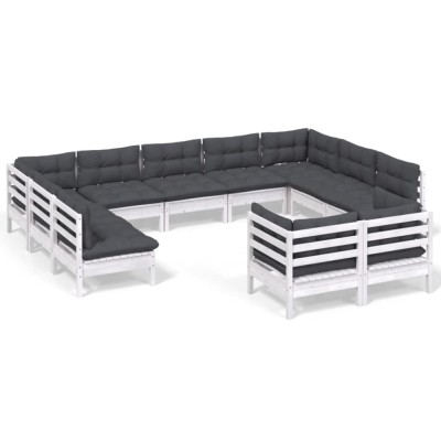 Set mobilier gradina cu perne, 11 piese, alb, lemn masiv de pin foto
