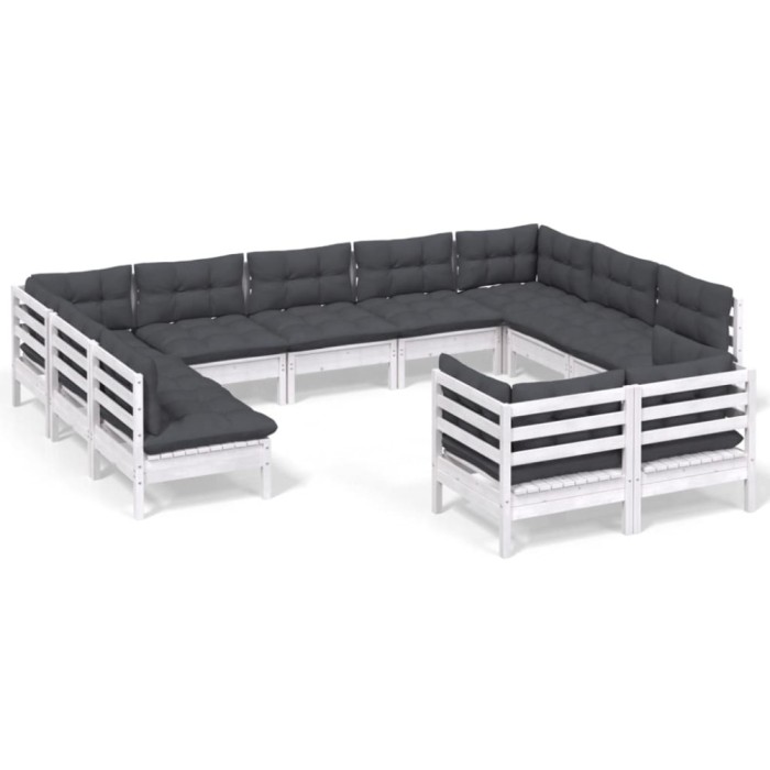 Set mobilier gradina cu perne, 11 piese, alb, lemn masiv de pin