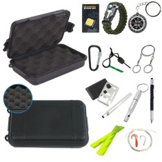 Kit supravietuire multifunctional outdoor 14 accesorii cutie etansa ABS 18x11x5 cm IP54 negru camping urgente