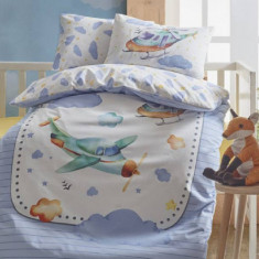 Lenjerie Patut Bebe Airplane Albastra (Bumbac 100%)