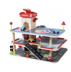 Parcare supraetajata din Lemn &quot;Wood mom&quot; cu 3 Nivele, Heliport si Lift, 3 Masinute Incluse, Bariera, Benzinarie, Elicopter, Semafoare si Semne de circ