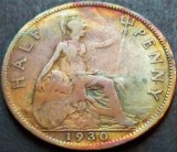 Moneda ISTORICA HALF PENNY- MAREA BRITANIE, anul 1930 *cod 4870b PATINA CURCUBEU, Europa, Bronz