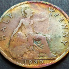 Moneda ISTORICA HALF PENNY- MAREA BRITANIE, anul 1930 *cod 4870b PATINA CURCUBEU