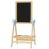 AIYAPLAY Șevalet pentru copii cu tablă dublă pentru cretă și markere, tablă magnetică și tăviță pentru accesorii, rolă de h&acirc;rtie inclusă, lemn natur |