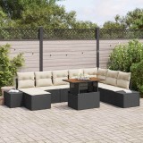 VidaXL Set de dining pentru grădină , 9 piese, cu perne, din rattan poliester negru și acacia.