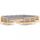 Set mobilier gradina cu perne, 13 piese, gri, lemn masiv pin