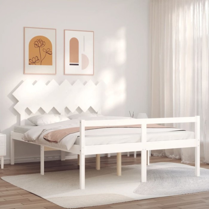Cadru de pat senior cu tăblie, alb, king size, lemn masiv