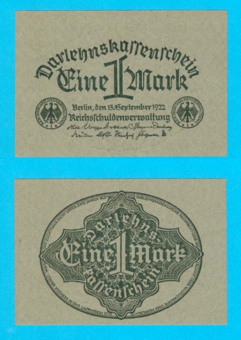 Germania (p#61) 1 Mark 1922 aUNC+ &#039;Darlehnskassenschein&#039;