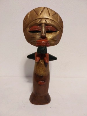 * Statueta africana Ashanti vintage, sculptura in lemn, pictata cu auriu rosu si verde, pentru fertilitate, arta tribala, 33cm foto