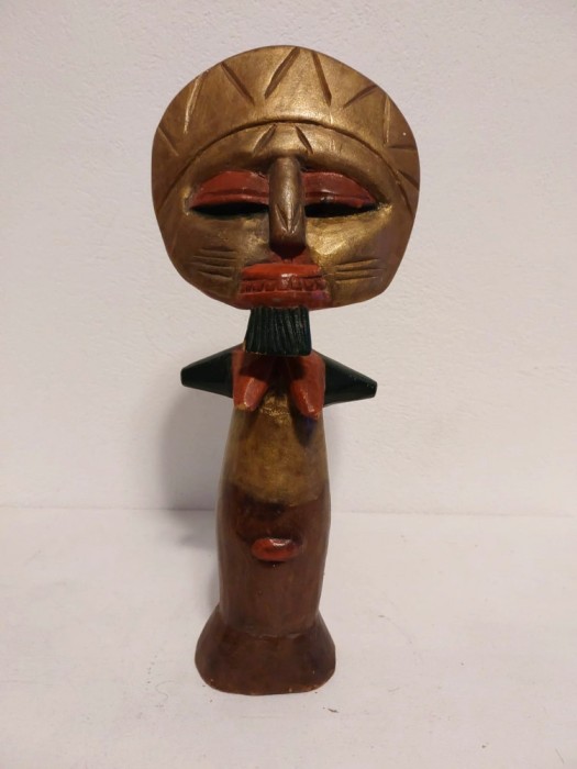* Statueta africana Ashanti vintage, sculptura in lemn, pictata cu auriu rosu si verde, pentru fertilitate, arta tribala, 33cm