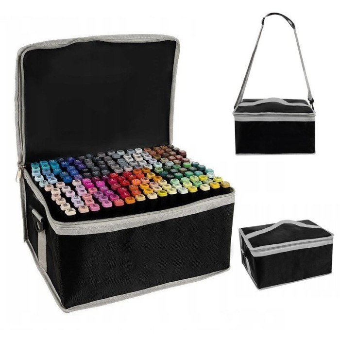 Set 168 markere cu varf dublu, multicolore, geanta de depozitare cu bretea pe