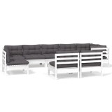 Set mobilier de gradina cu perne, 9 piese, alb, lemn masiv pin