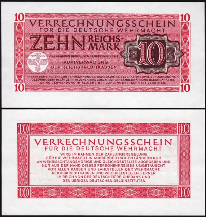 GERMANIA █ bancnota █ 10 Reichsmark █ 1944 █ P-M40 Ro. 513 █ WEHRMACHT █ UNC