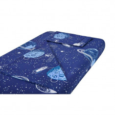 Lenjerie patut bebe, SomnART, cearceaf pat 60x120x10 cu elastic, cearceaf pilota 80x110, perna joasa 20x35, Comete Cosmos