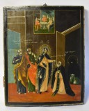 Icoana veche ortodoxa pictata pe lemn - Vedenia Sfantului Serghie de Radonej - Scoala Rusa / Rusia - jumatatea secolului XIX