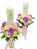 Set nunta, 2 lumanari personalizabile cu nume si data decorate cu flori din foita de sapun, 40 cm (Multicolor), Eventissimi&reg;