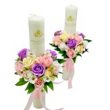 Set nunta, 2 lumanari personalizabile cu nume si data decorate cu flori din foita de sapun, 40 cm (Multicolor)