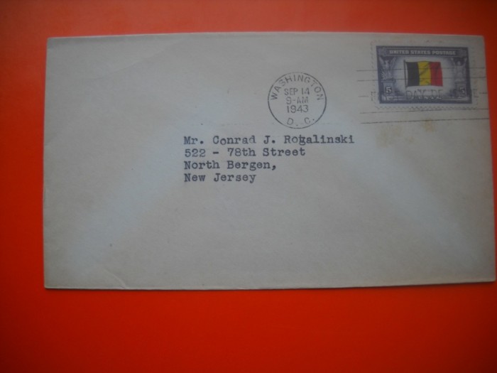 HOPCT PLIC S FDC NR 763 BELGIA - DRAPEL -1943 -SUA -CIRCULAT