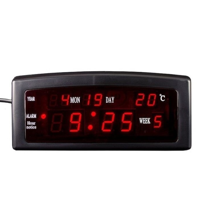 Ceas de masa, cu LED rosu, din PVC, cu alarma, calendar si temperatura, alimentare la retea, dimensiuni 19 x 8 x 7.5 cm, negru/rosu