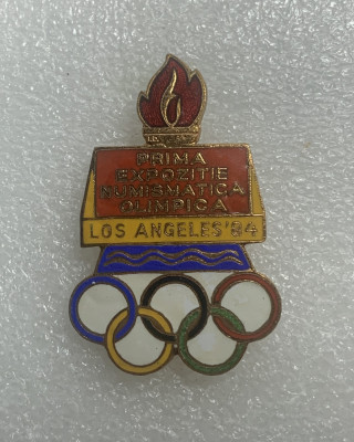 Insigna prima expoziție numismatică olimpică Los Angeles 84 foto