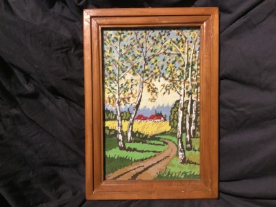 arta / design / vintage - Tablou goblen / cusatura peisaj de tara in rama de lemn ! foto