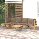 Set Mobilier Gradina Bambus Gossi, 6 Piese, Perne Gri Taupe, Canapea Colt, Mese, Taburet