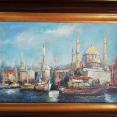 Tablou inramat Valeriu Pantazi, Galata Istanbul, ulei/carton, 60x40 cm