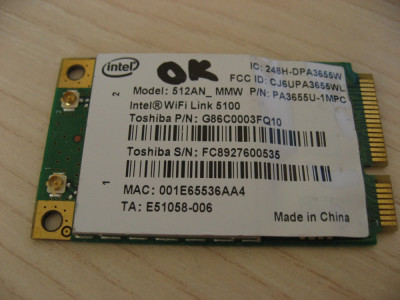 Placa wireless laptop Toshiba Tecra M10, Intel WiFi Link 5100, PA3655U-1MPC foto