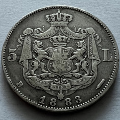 5 Lei 1883 Argint, Carol I, Romania, varianta dreptunghi la coroana, RARA!